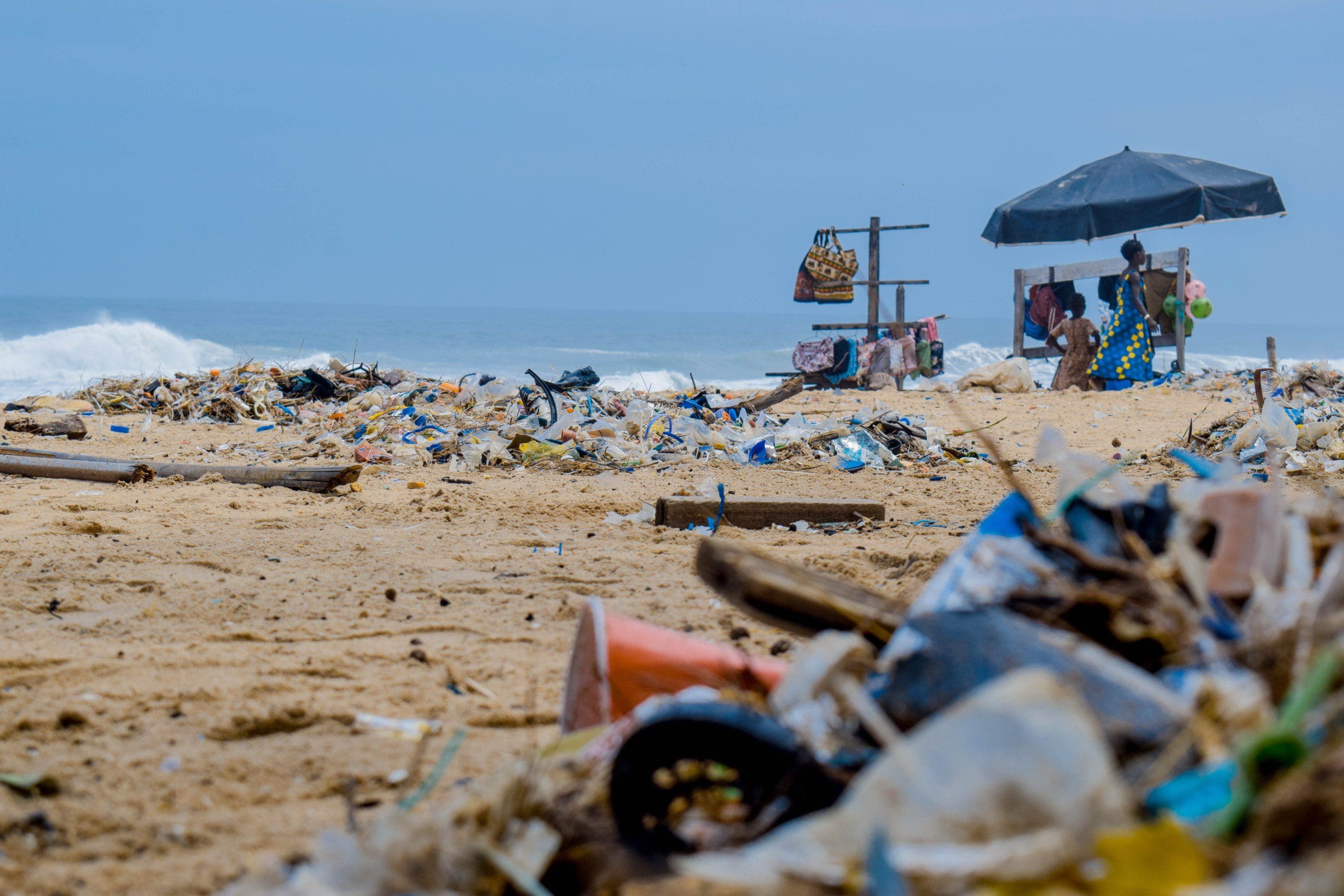 beach filled with trash
