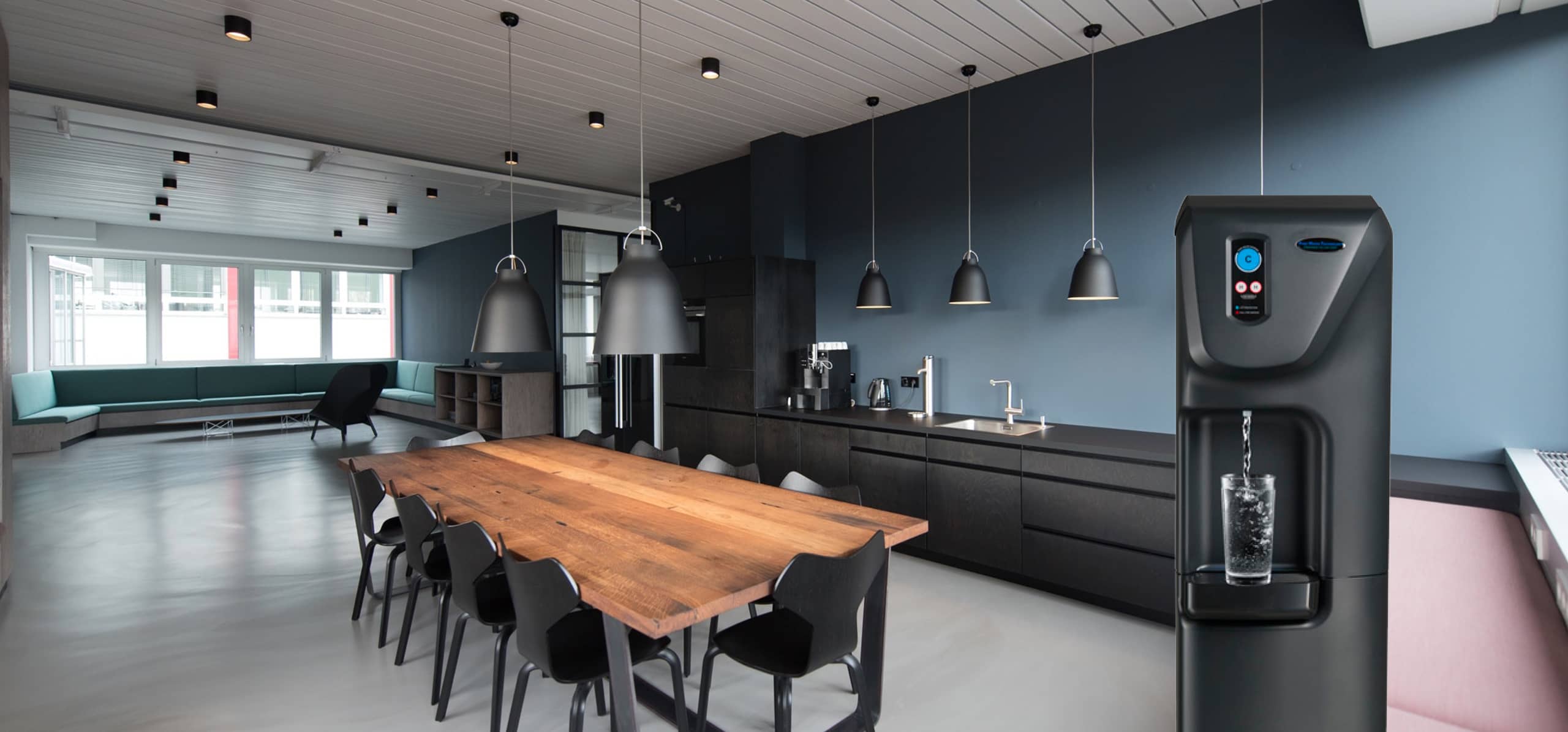 Breakroom setting with bottleless water cooler