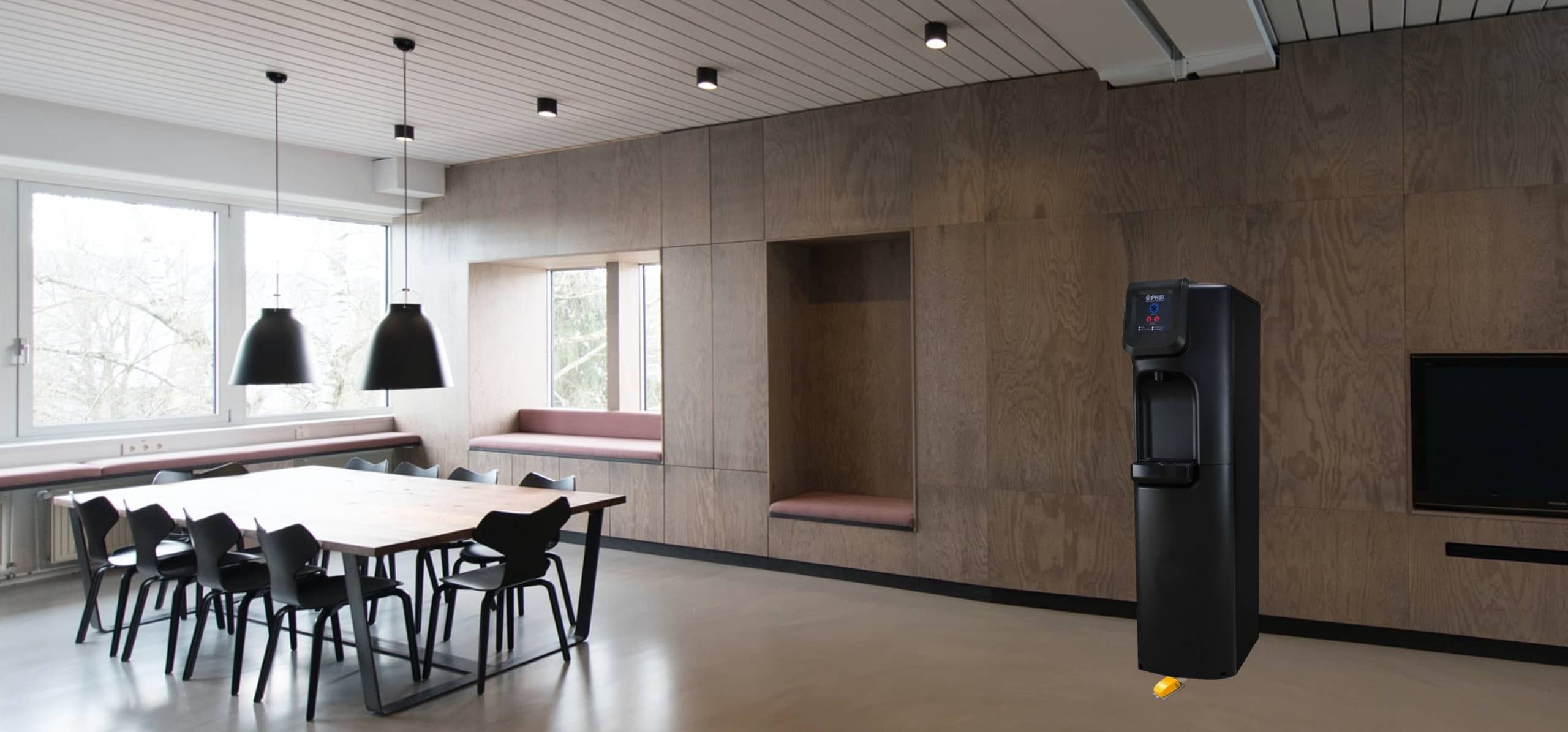 Office setting with touch free bottleless water cooler